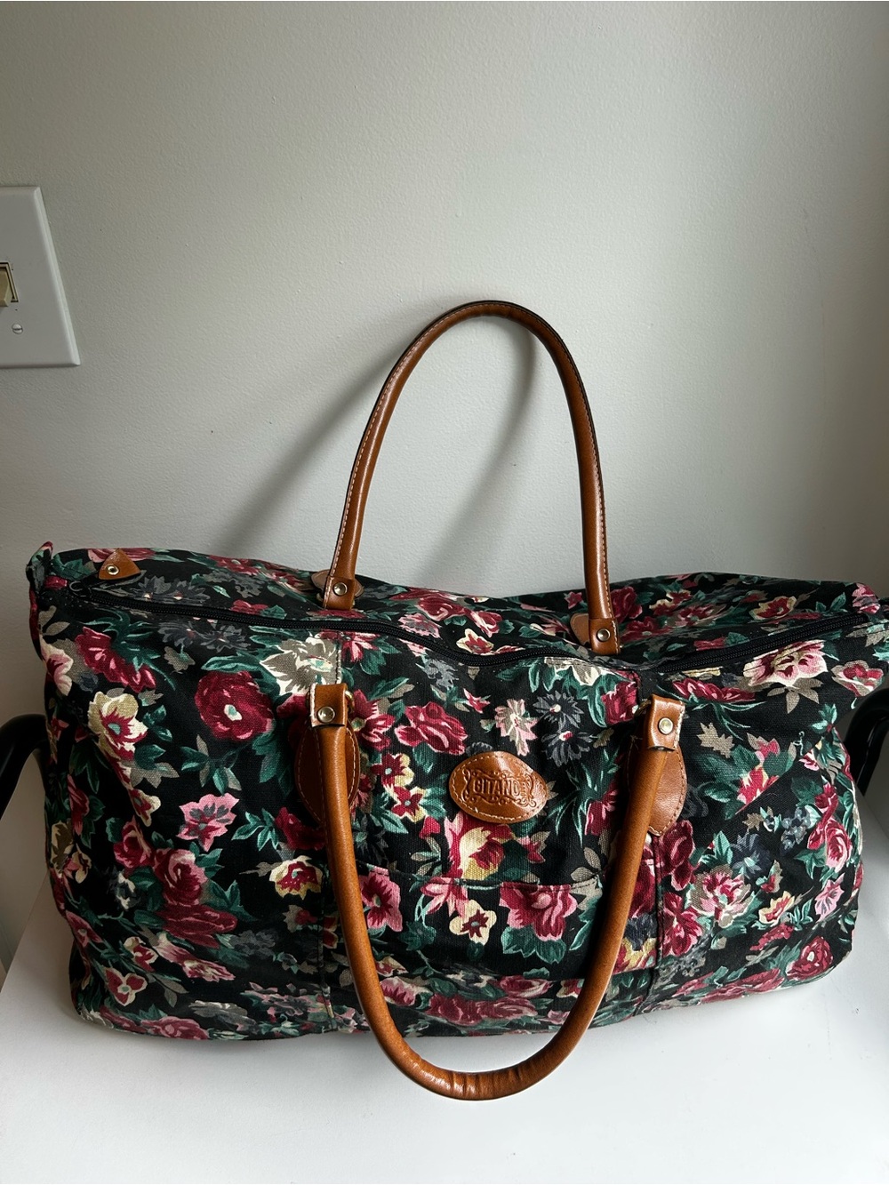 Gitano Vintage 90s Floral Weekender Tote Bag with Brown Trim